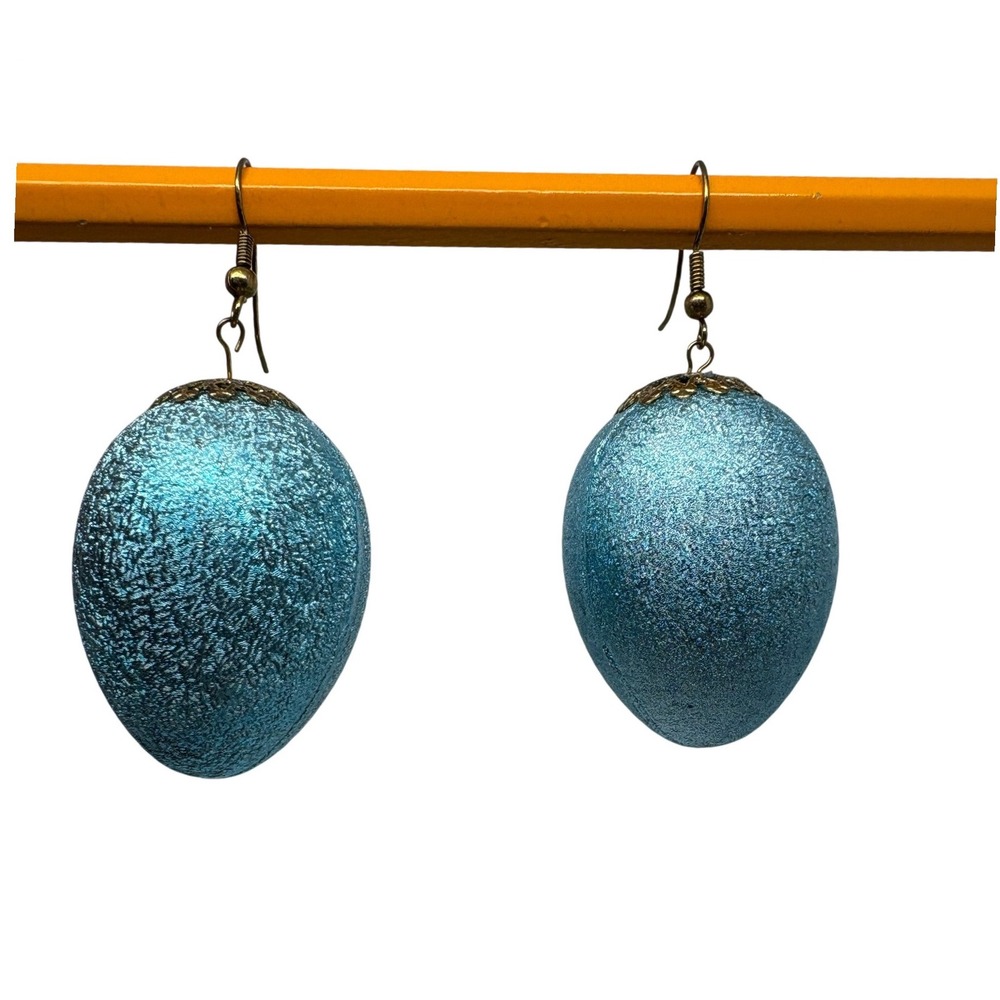 Unique Glass Egg Shaped Dangle Earrings Blue Textured Metal Drop Earrings Light